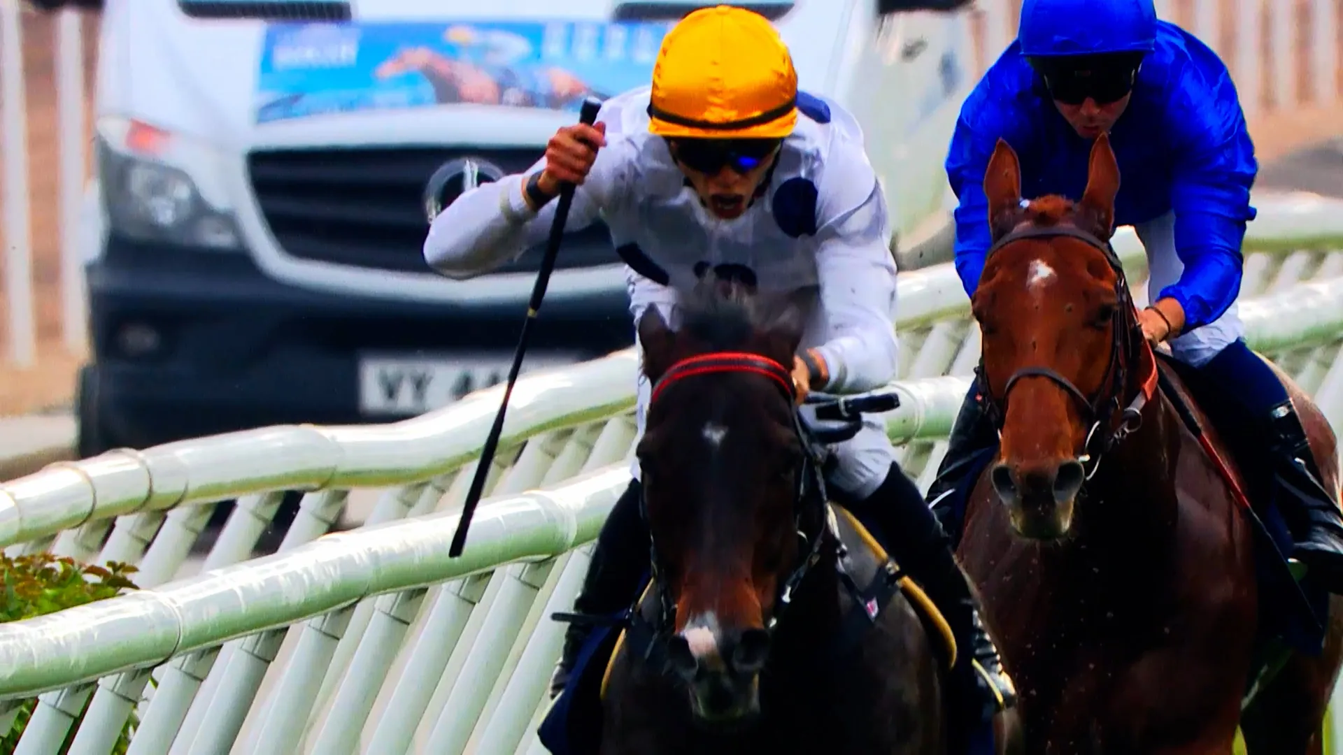 Two jockeys racing thoroughbred horses neck and neck on a racecourse, used in the PGi Wagering website designed by DotPerformance